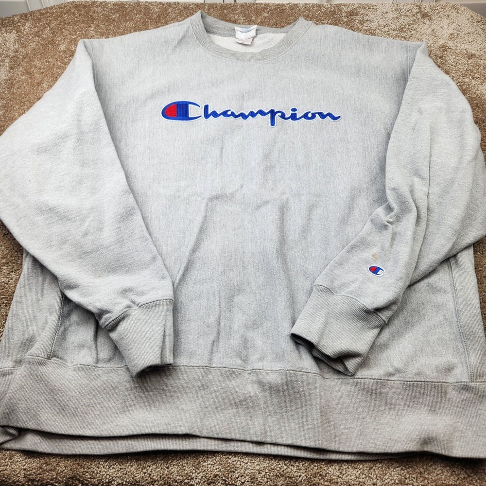 Champion Reverse Weave Mens 2XL Heather Gray Embroidered Script Sweatshirt GF70